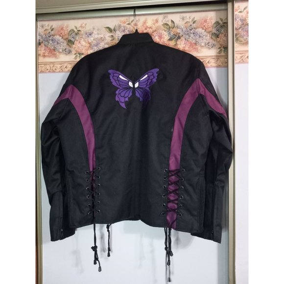 Vance Leather L Black Purple Butterfly Mesh Biker Riding Removable Lining Jacket - Picture 3 of 11